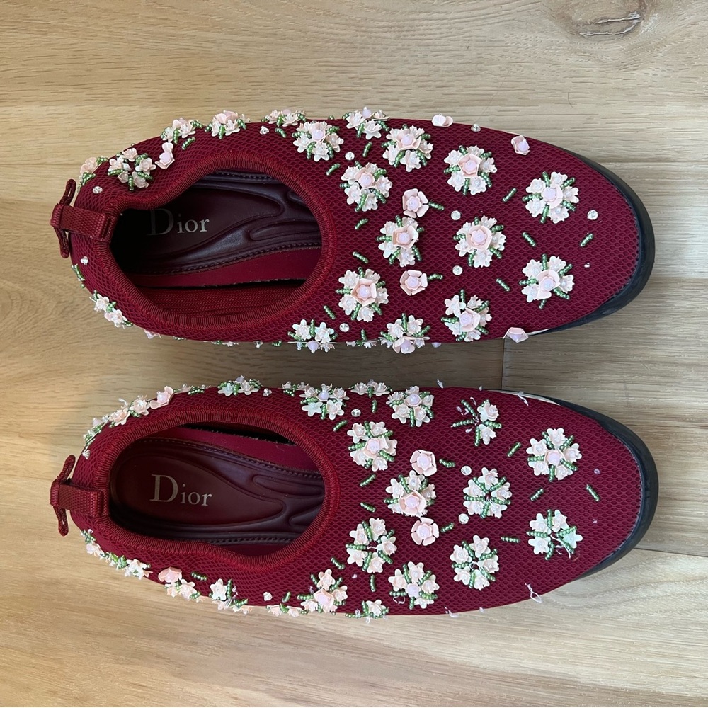 Authentic Dior Burgundy Slip On Sneakers Beaded Floral Design Size 38.5 - Picture 2 of 10